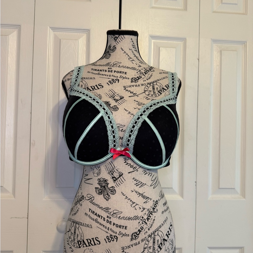 Black and Blue Cacique Trim Bra with front bow/ padded